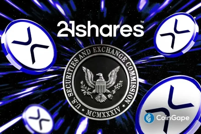 21Shares has furthered their XRP ETF filing process with the U.S. regulators. This formally starts the review window that will last 20 days before going live in the market. 21Shares Files Key Paperwork for XRP ETF Listing Per Bloomberg analyst Eric Balchunas, 21Shares has filed an 8(a) registration statement for its XRP fund on Friday,
The post <a href="https://coingape.com/21shares-moves-closer-to-xrp-etf-launch-as-sec-review-window-opens/">21Shares Moves Closer to XRP ETF Launch as SEC Review Window Opens</a> appeared first on <a href="https://coingape.com/">CoinGape</a>.