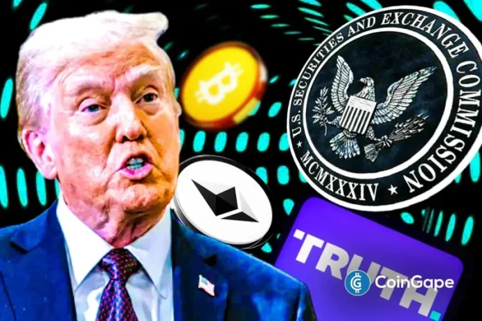 The Truth Social Fund, linked with the Trump Media, has sought approval from the U.S. SEC for two crypto exchange-traded funds (ETFs). This comes as the institutional flows became negative in key digital asset products. The filings come after the U.S. spot Bitcoin ETFs registered a net outflow of $410.37 million on February 12. No
The post <a href="https://coingape.com/trumps-truth-social-files-for-bitcoin-ethereum-cronos-crypto-etfs-amid-institutional-outflows/">Trump’s Truth Social Files For Bitcoin, Ethereum, Cronos Crypto ETFs Amid Institutional Outflows</a> appeared first on <a href="https://coingape.com/">CoinGape</a>.