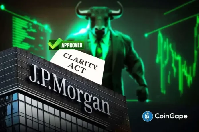 Banking giant JPMorgan has expressed confidence in the crypto market returning to its previous highs. The bank said bullish sentiment could return to the market once the CLARITY Act is approved by legislators. JPMorgan Forecasts Strong Second Half for Crypto Market According to Bloomberg, the bank indicated that the market could get a boost in
The post <a href="https://coingape.com/jpmorgan-projects-bullish-crypto-market-in-h2-following-clarity-act-approval/">JPMorgan Projects Bullish Crypto Market in H2 Following CLARITY Act Approval</a> appeared first on <a href="https://coingape.com/">CoinGape</a>.