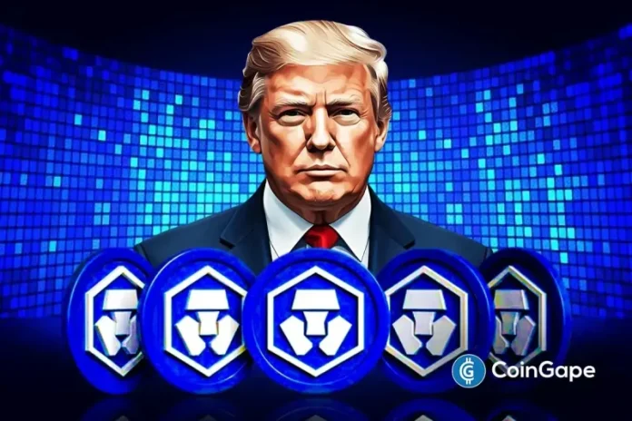 A deal with Crypto.com has led to the establishment of a Cronos Treasury by the Trump Media and Technology Group. The company confirmed the acquisition of 684.4 million Cronos (CRO) tokens. This is valued at about $105 million, in a transaction split between stock and cash. Trump Media Expands Fintech Vision With Cronos Treasury and
The post <a href="https://coingape.com/trump-media-acquires-684m-cro-for-cronos-treasury/">Trump Media Acquires 684M CRO for Cronos Treasury, Strikes Deal with Crypto.com</a> appeared first on <a href="https://coingape.com/">CoinGape</a>.